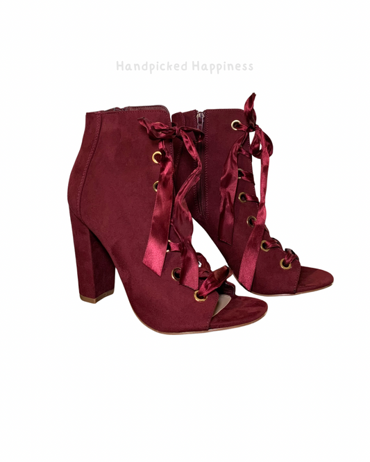 JustFab Burgundy Lace-Up Heeled Booties